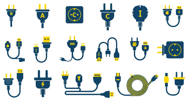 Collection of electrical plugs and sockets, USB, HDMI, power adapters