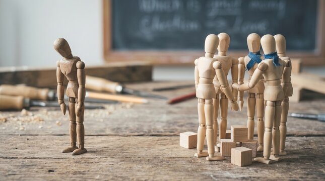 Wooden figures in a classroom setting, one figure excluded from the group, symbolizing social exclusion