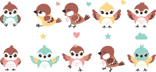 Adorable baby bird and sparrow characters set in various pastel colors and poses for children nursery decor and kids stationary design © AntarChandra