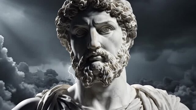 Marble statue of bearded man against stormy sky for cinematic landscapes and wilderness exploration
