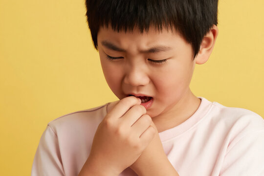 Asian boy scratches hand from mosquito bite. Child shows discomfort and pain from itchy skin reaction. Youngster suffers from insect sting on yellow studio background.