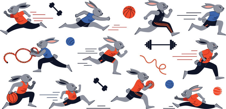 Athletic rabbit character set in various sports poses running jumping lifting weights and playing basketball isolated for fitness advertising design