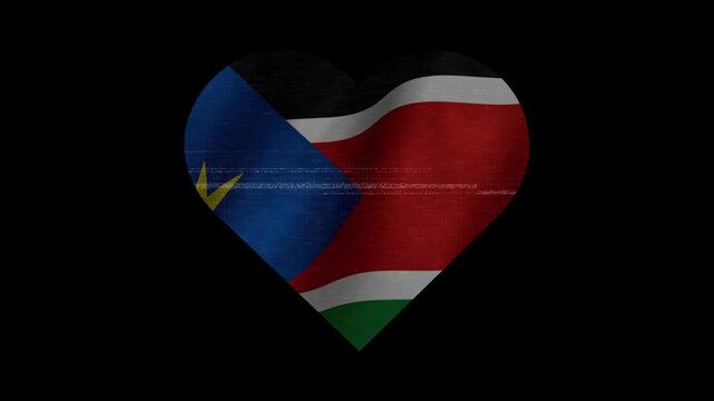 Patriotic South Sudan Heart Waving National Flag. Heart Shaped South Sudan Flag Animation with Retro Digital Glitch Effect