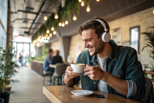 Man smiles, wearing headphones, sipping coffee