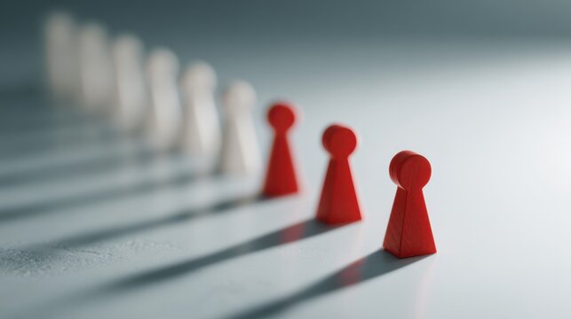 A conceptual shot showing a line of pawns with unique distinction