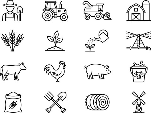 Collection of farming and agriculture icons with watering can hay bale wind mill food production farm life