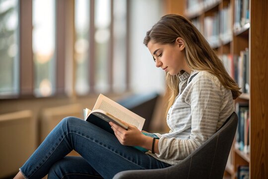 Young woman reads quietly in cozy library corner