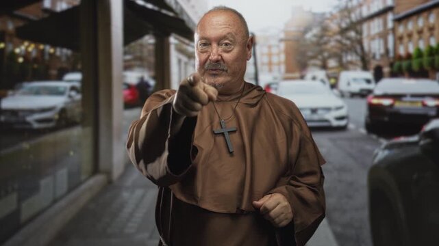 Senior monk man points finger wearing cross necklace on city street with cars and storefronts; faith authority.