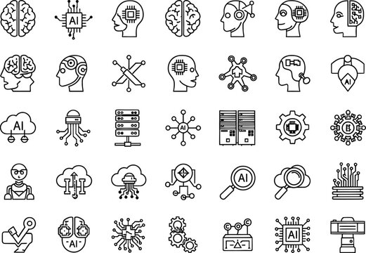 Artificial intelligence icons: AI brain machine learning data cloud computing with neural network, technology