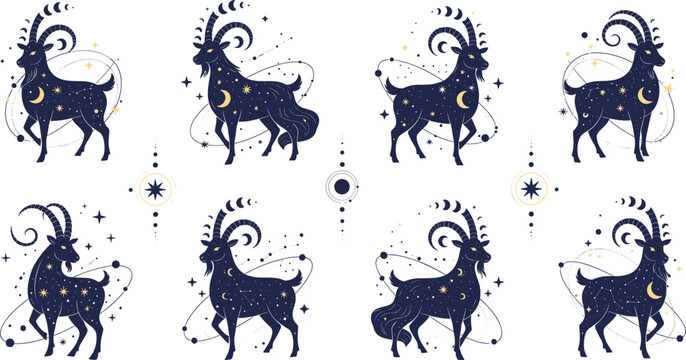 Celestial Capricorn zodiac sign icon set featuring mystical goats with crescent moons and stars for astrology brand logo and web design