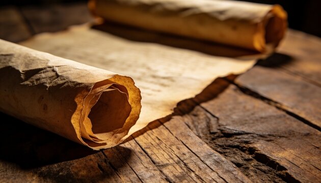 Ancient parchment scrolls lying on a rustic wooden table, illuminated by warm, dramatic lighting, evoking a sense
