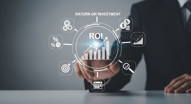 A businessman presenting a Return on Investment ROI graph with icons on his hand