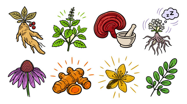Herbal Medicine and Adaptogen Plants Sticker Set Vector