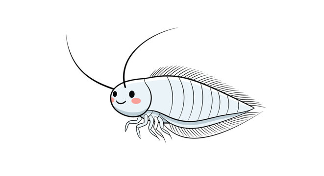 Adorable and tiny silverfish cartoon character with large eyes, long antennae, and pink cheeks on white background.