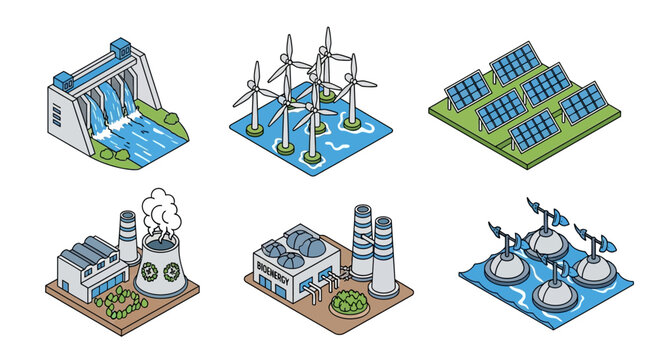 A collection of isometric illustrations depicting various renewable and non-renewable energy power generation facilities.
