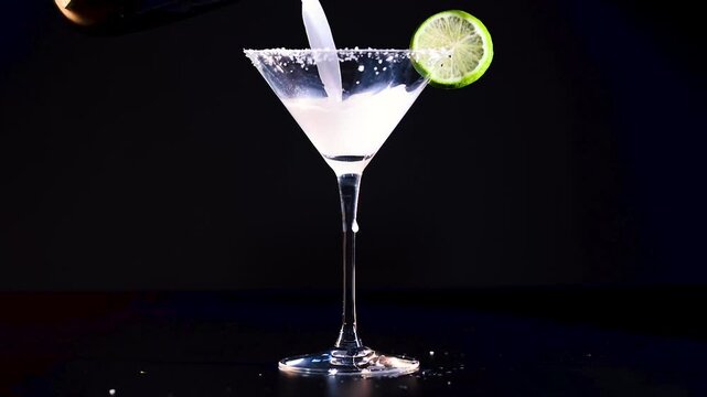 Pouring fresh white margarita cocktail into salt rimmed martini glass with lime garnish on black background.