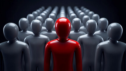 Fototapeta premium Red Leader Standing Out from Crowd with Business Leadership Influence and Team Management Concept