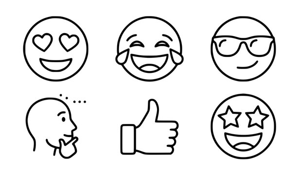 Minimalist world emoji day icons vector illustration set clean black and white outline of smiling heart eyes laughing and thumbs up