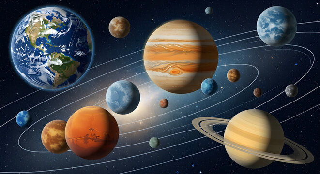 The solar system showcases planets orbiting around the sun in space