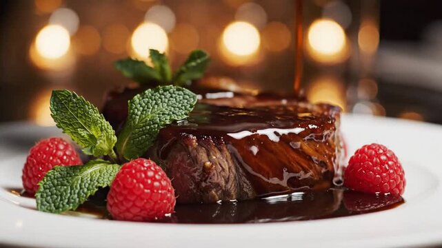 Grilled steak with sauce and berries highlighting premium dining and culinary arts