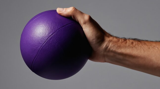 Man grips textured purple ball showing arm muscle tension. Close up shot focuses on hand and forearm holding fitness equipment on neutral gray background for exercise concepts.