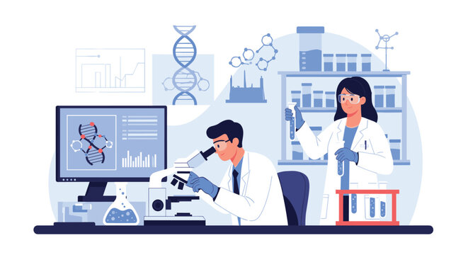 Two professional laboratory scientists in white coats using a microscope and analyzing test tubes in a clean lab.
