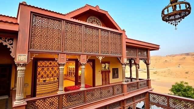 Indian luxury home terrace in Rajasthan, intricate jali screens, gold and red accents, desert backdrop