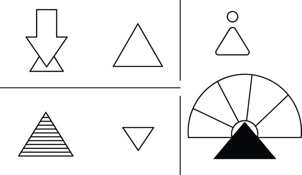 Geometric shapes and data icons vector set with arrows triangles pyramid and chart elements for analytics and UI design
