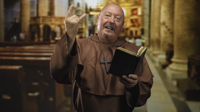 Senior man monk holds bible and makes rock horns gesture while smiling at camera inside ornate church building, wearing brown habit and cross necklace; playful devotion.