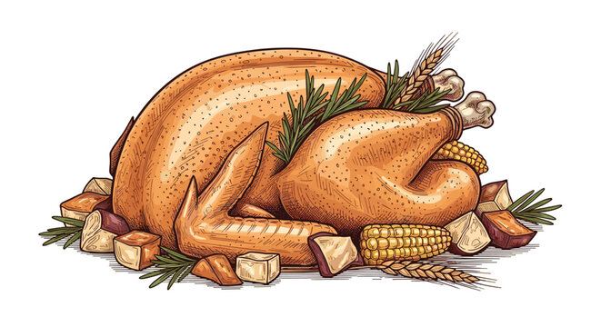 Delicious roasted whole turkey with rosemary and various vegetables prepared for a festive holiday dinner meal.