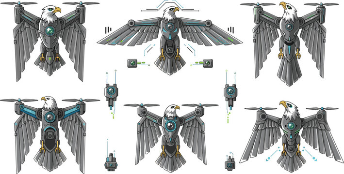Futuristic robotic eagle drone collection featuring high-tech cyborg bird characters with mechanical wings and propellers for sci-fi gaming and tech concepts