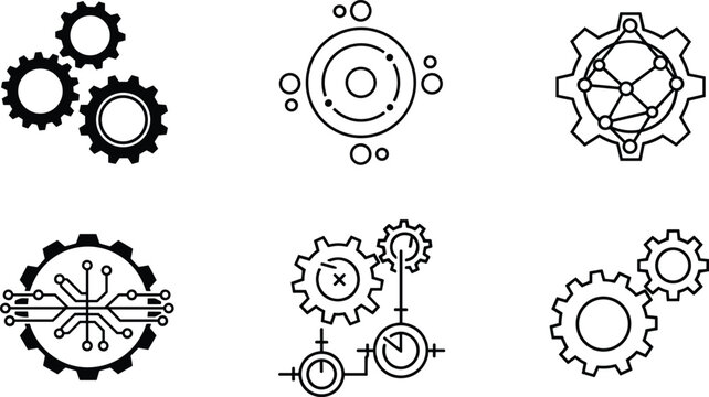 Gear and cog icon set featuring digital circuit network connections and system process symbols for mobile application user interface web design
