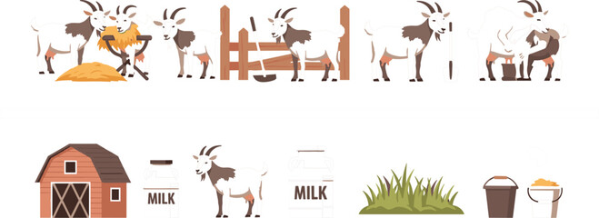 Goat dairy farm vector collection with barn milk cartons feeding animals and livestock equipment isolated for agricultural advertising and design projects © AntarChandra