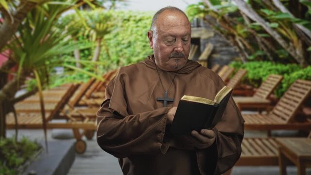 Senior hispanic monk in brown robe reads gilded bible held in hands on resort deck with wooden lounge chairs; faith contemplation serenity.