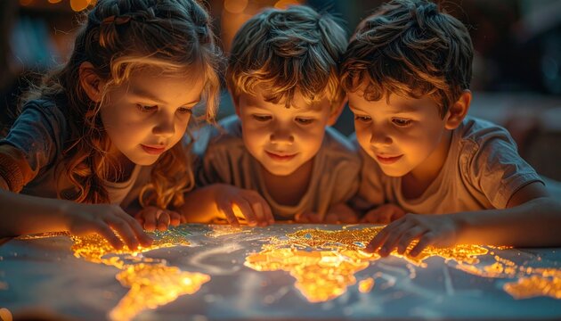 Three children exploring a glowing world map.