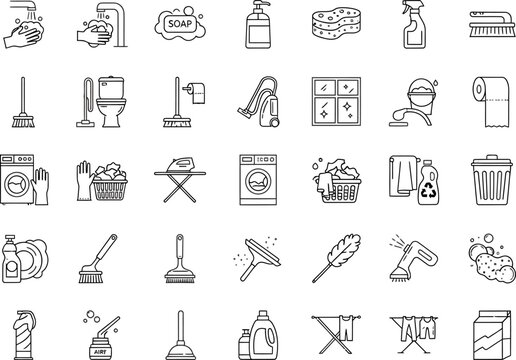 Cleaning service icons vector set with washing machine ironing board feather duster cleaning illustration