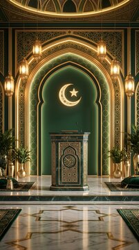 Ornate Islamic podium mosque interior crescent moon lanterns green gold arabesque detailed.