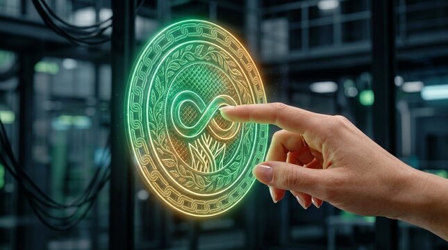 Glowing cryptocurrency coin, hand touching, digital currency, blockchain technology, futuristic finance