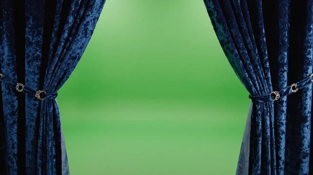 Blue velvet curtains tied back ideal for sleek commercial backgrounds and title sequences