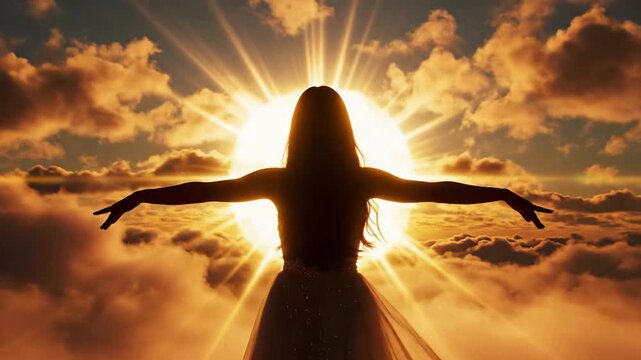 Silhouette of woman with arms outstretched against sun for creative digital media and visual arts