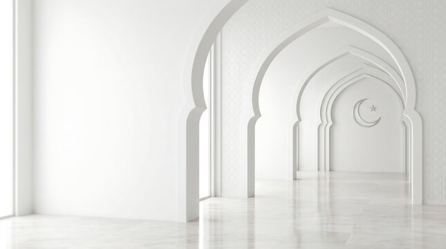Clean minimalist white interior design with an arched corridor creating a sense of depth and elegance.