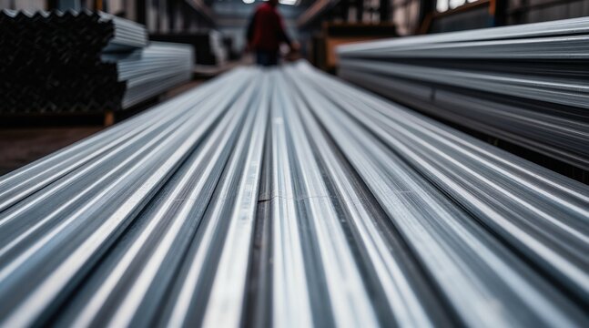 Metal sheets lie in stacks in a factory. A worker in the background is blurred. This shows industrial manufacturing and construction materials.