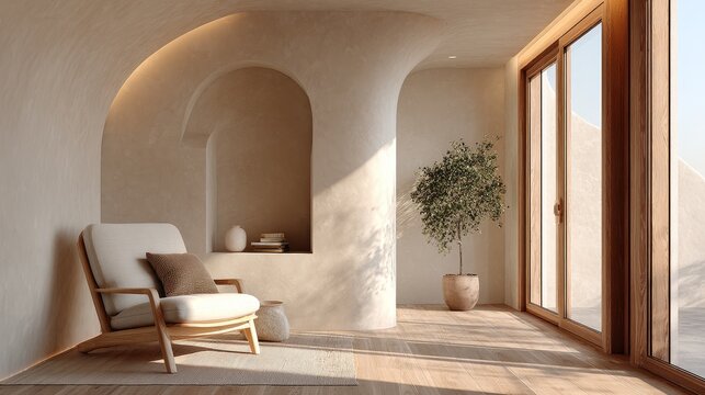 Minimalist Japandi-Scandinavian living room with warm beige walls, elegant lounge chair, wooden floor, floor-to-ceiling windows, soft sunlight, recessed ceiling lighting, and calm organic accents