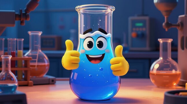 Happy cartoon test tube character with bubbling blue liquid gives thumbs up in laboratory. Scientific experiment successful with positive result. Fun chemistry illustration.