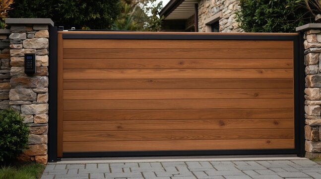 Automatic sliding gate with wooden planks and stone pillars. Digital keypad allows entry. Modern home access control system. Secure property boundary.