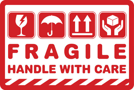 Fragile handle with care sticker delivery package red warning label vector illustration