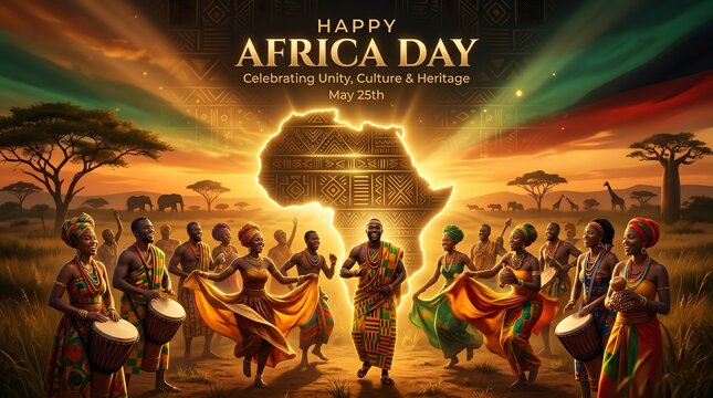 Vibrant african celebration with people dancing around glowing continent map at sunset