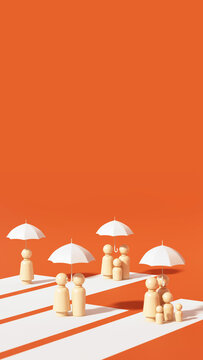 Families standing under umbrellas as a symbol of life insurance, financial protection, safety, and secure future planning, 3d rendering.