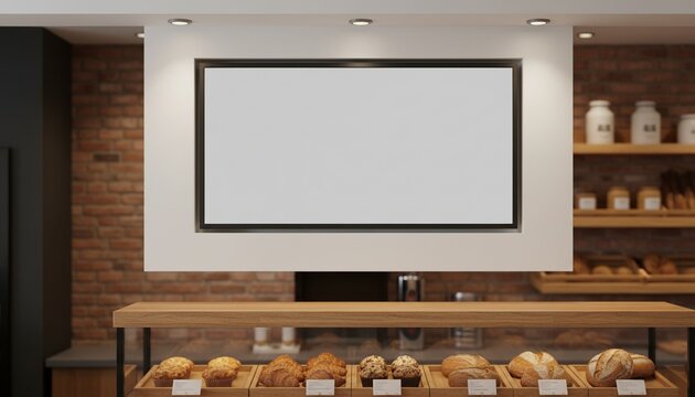 A bakery digital menu board mockup with a blank screen