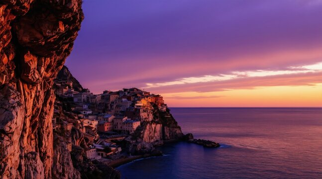 Coastal town built on cliff side at sunset. Colorful sky over calm purple ocean water. Scenic view of houses on steep rocky shore. Natural evening light.